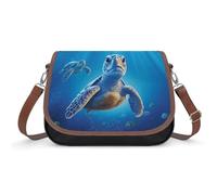 Women's Detachable Strap PU Leather Shoulder Bag Turtle in Blue Water Printed with Inner Pocket, Fashionable Crossbody Purse for Daily Use, Giftable Designer Tote