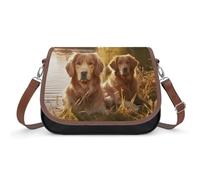 Women's Detachable Strap PU Leather Shoulder Bag Two Golden Retrievers Printed with Inner Pocket, Fashionable Crossbody Purse for Daily Use, Giftable Designer Tote
