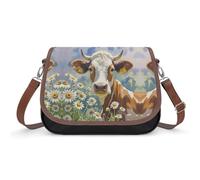 Women's Detachable Strap PU Leather Shoulder Bag Watercolor Cow And Daisy Flower Printed with Inner Pocket, Fashionable Crossbody Purse for Daily Use, Giftable Designer Tote