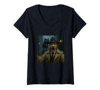 Womens Detective Selfie T-Rex Dinosaur Chase Funny Humor V-Neck T-Shirt