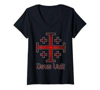 Women's Deus Vult Christian Crusader Jerusalem Cross Eroded Style V-Neck T-Shirt
