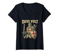 Womens Deus Vult Crusader Knight - Templar Cross Medieval Warrior V-Neck T-Shirt