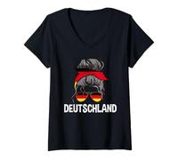 Womens Deutschland Girl Messy Hair Bun German Flag Sunglasses V-Neck T-Shirt