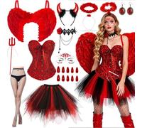 Women's Devil Costume, Red Angel Costume Woman, Gothic Set with Corset, Black Red Tulle Skirt, Angel Wings, Halo, Devil Horns, Gloves for Halloween, Carnival, Cosplay, Halloween (M)