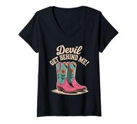 Womens Devil Get Behind Me Cowboy Boots Western V-Neck T-Shirt