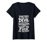 Women's Devil On My Shoulder Funny Sarcastic What The Fuck Quote V-Neck T-Shirt
