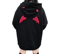Womens Devil Wings Red Horn Sweatshirt Long Sleeve Hoodie Pullover Hooded Tops, Black, S