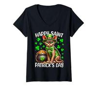 Women's Devon Rex Cat Happy Saint Patricks Day Cat V-Neck T-Shirt