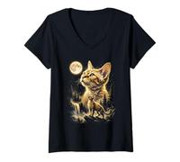 Women's Devon Rex Cat Howling At The Moon Meme V-Neck T-Shirt