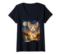 Women's Devon Rex Cat Howling to The Moon V-Neck T-Shirt