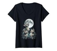 Women's Devon Rex Cats Howling At The Moon V-Neck T-Shirt