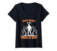 Womens Devops Engineer by Day Zombie by Night Fun Halloween Creepy V-Neck T-Shirt