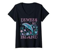 Womens DEWEES ISLAND SC DOLPHIN COLORFUL BEACH SOUVENIR V-Neck T-Shirt