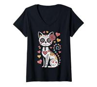 Womens Dia De Los Muertos Cinco De Mayo Cat Sugar Skull Halloween V-Neck T-Shirt