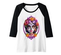 Womens Dia de Los Muertos Mexican Woman face Sugar Skull Halloween Raglan Baseball Tee