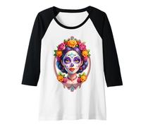 Womens Dia de Los Muertos Mexican Woman face Sugar Skull Halloween Raglan Baseball Tee