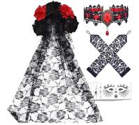 Women's Dia de los Muertos Rose Flower Costume Headpiece Halloween Day of The Dead Costume Headband,Hallow Costumes for Women Ladies Goth Bride Veil,Halloween Mexican Headdress