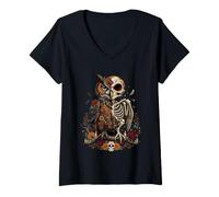 Women's Dia De Los Muertos Sugar Skull Owl Floral Mexican V-Neck T-Shirt