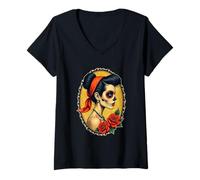 Womens Dia De Los Muertos Woman Retro Tattoo Style 1 Fan Fun V-Neck T-Shirt