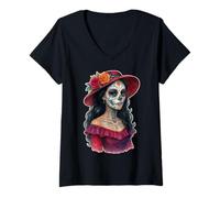 Womens Dia de Los mutertos - Calavera La Catrina Portrait 2 V-Neck T-Shirt