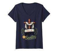 Womens Dia De Todos Los Santos All Saints Day Christian Faith Cross V-Neck T-Shirt