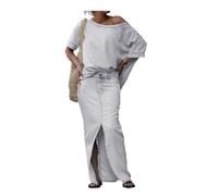 Women's Diagonal Shoulder Top with Split Denim Max Skirt Set,One-shoulder Loose Top with Slit long Skirt Set (White,M)