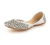 Womens Diamante Embellished Punjabi Khussa Flats Handmade Ethnic Mojari Slip-On Beaded Front Elegant Bridal Festive Wedding Party Ladies Silver Shoes Size 5 UK 38 EU