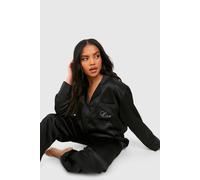 Womens Diamante 'Love' Pocket Detail Satin Long Sleeve Shirt & Trousers Pyjama Set - Black - 10, Black