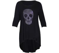 Womens Diamante Skull 3/4 Three Quarter Sleeve Ladies Round Scoop Neckline Stretch Dipped Fishtail Hemline T-Shirt Top Black