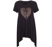 Womens Diamante Stud Leopard Heart Print Ladies Short Sleeve Round Neck Stretch Uneven Dip Hem Black T-Shirt Top Plus Size Size 22 - 24