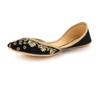 Womens Diamante Studded Punjabi Khussa Flats Handmade Ethnic Mojari Slip-On Embellished Front Design Elegant Bridal & Festive Wedding Party Ladies Black Velvet Shoes Size 3 UK 36 EU