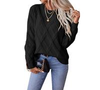 Women's Diamond Cable Knit Sweater with Ribbed Cuffs, Cozy and Warm Pullover for Autumn and Winter Seasons (Black,M)