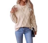 Women's Diamond Cable Knit Sweater with Ribbed Cuffs, Cozy and Warm Pullover for Autumn and Winter Seasons (Apricot,L)