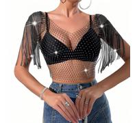 Women's Diamond Crystal Tanks Tops, Black Sexy Mesh Tassel Sleeve Hollow Out Crop Tops, See Through Rhinestone Sparkly Vest for Festival Club Rave Outfit