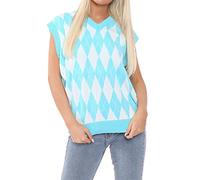 Womens Diamond Knitted Check Print Vest Jumper Ladies Sleeveless V Neck Sweater Winter Tank Tops Aqua