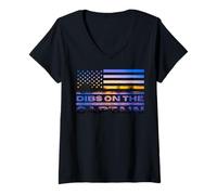 Womens Dibs On The Captain Sunset American Flag Summer Boating V-Neck T-Shirt