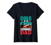 Women's Dibs On The Cornhole Dad Bean Bag Toss Game Cornhole Player V-Neck T-Shirt