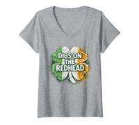 Women's Dibs On The Redhead St Patricks Day Shamrock Irish V-Neck T-Shirt