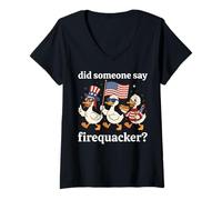 Women's Did Someone Say Firecracker Patriotic Ducks Retro Style V-Neck T-Shirt