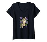 Womens Dilute Calico Maine Coon Cat Surrounded by Irises V-Neck T-Shirt
