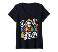 Womens Dímelo En Español Funny Spanish Speakers Casual Fiesta Vibe V-Neck T-Shirt