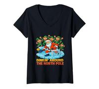 Womens Dinkin Around The North Pole Funny Santa Pickleball V-Neck T-Shirt
