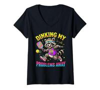 Women's Dinking My Problems Away Chaos Squad 86 Pickleball Raccoon V-Neck T-Shirt