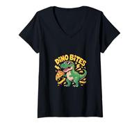 Womens Dino Bites - Funny Dinosaur Pizza Skater V-Neck T-Shirt