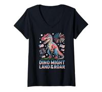Womens Dino Might Land of The Roar Patriotic V-Neck T-Shirt