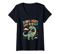 Womens Dino-Mite Day with Smiling Dinosaur Kids Back to School V-Neck T-Shirt