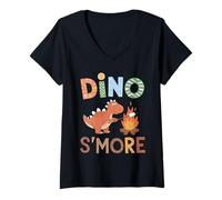 Womens Dino S'more Dinosaur Trex Camping Smores Kawaii S'mores V-Neck T-Shirt