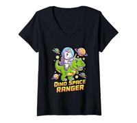 Womens Dino Space Ranger - Unicorn Astronaut Riding T Rex Dinosaur V-Neck T-Shirt