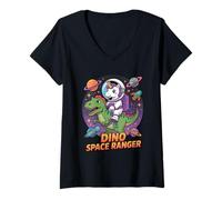 Womens Dino Space Ranger - Unicorn Astronaut Riding T Rex Dinosaur V-Neck T-Shirt
