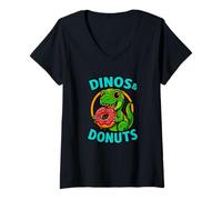 Womens Dinos and Donuts Cute Funny Graphic Design V-Neck T-Shirt